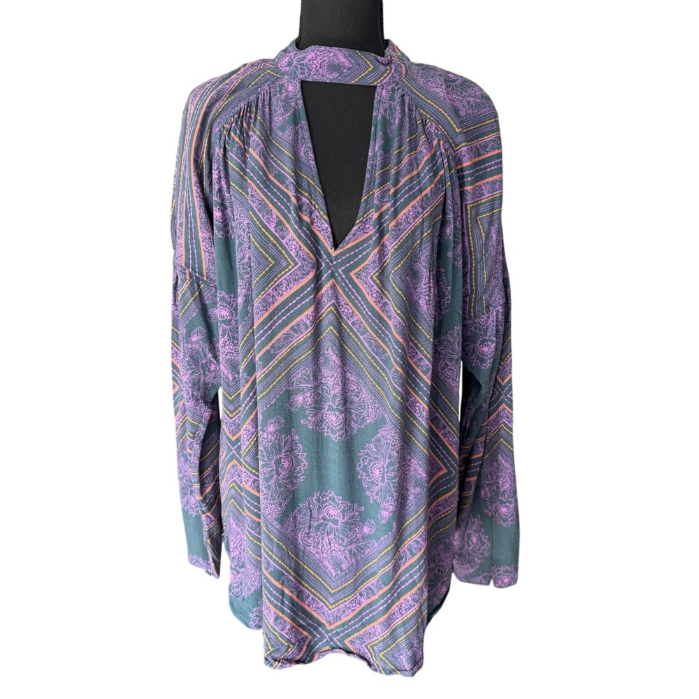 Free People Keyhole Blouse Purple Teal Womens M Oversized Cottagecore Boho